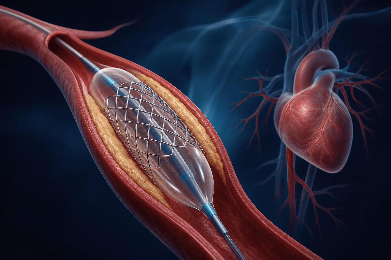 Illustration of coronary angioplasty and stenting — intervention in the era of thrombolysis